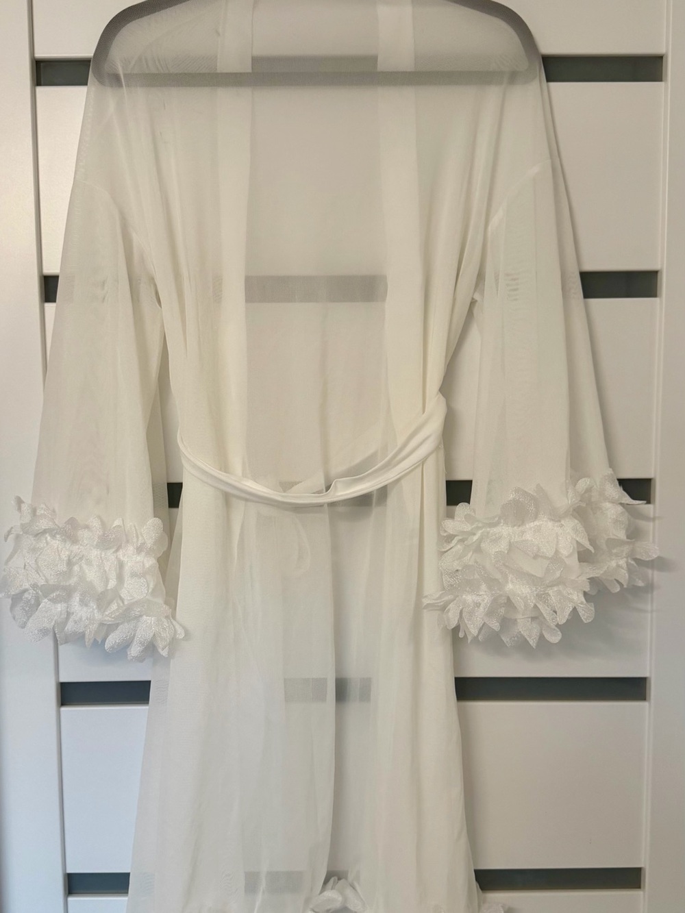 Sheer White Lace-Trim Bridal Robe with Belt